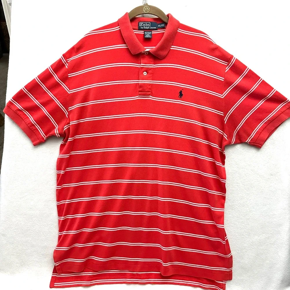 Polo Ralph Lauren Mens XL Striped Short Sleeve Cotton Shirt Red White